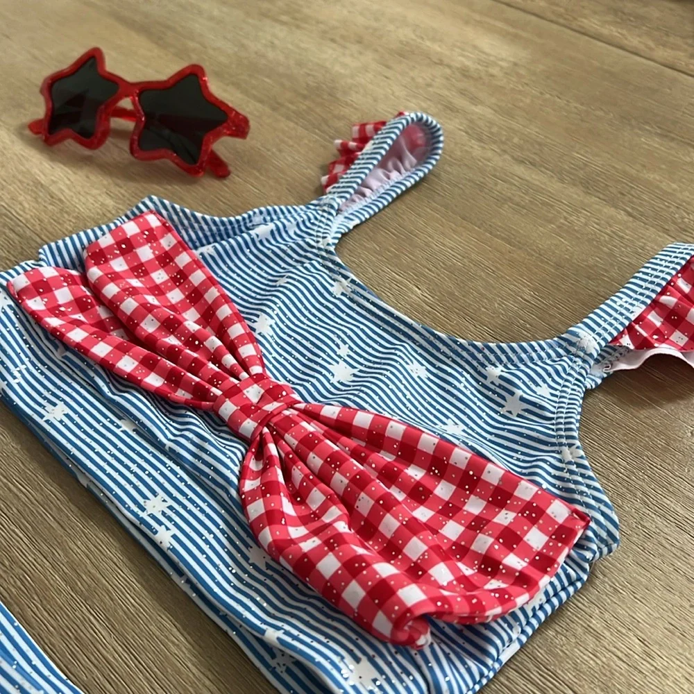 Btween Girls Americana Gingham Stars Sparkle 3 Piece Swim Set 5 Swimsuit